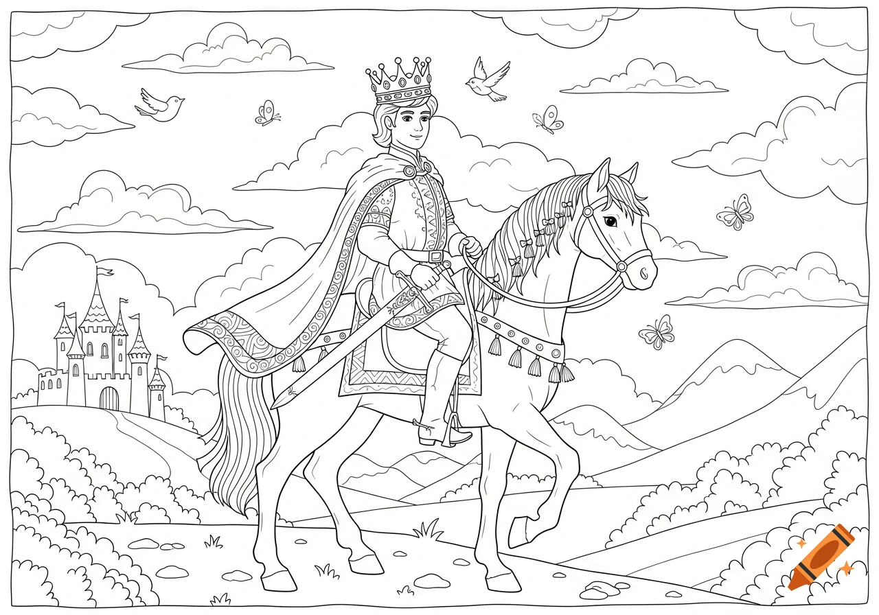 A young prince, wearing a crown and cape, rides a horse through a landscape with a castle in the background, in a coloring book style.