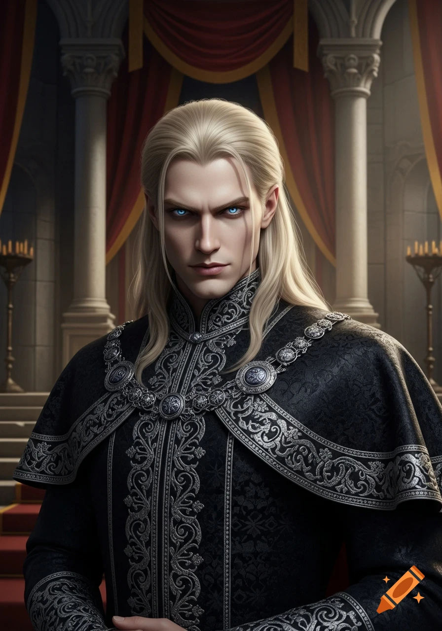 A photorealistic portrait of a pale man with long blonde hair and glowing blue eyes, wearing an ornate black and silver regal cloak, standing in a grand hall.