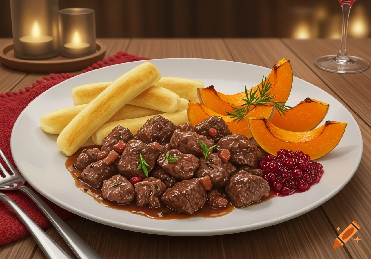 Wild boar ragout with breadsticks, roasted pumpkin, and lingonberry chutney served on a white plate on a wooden table.