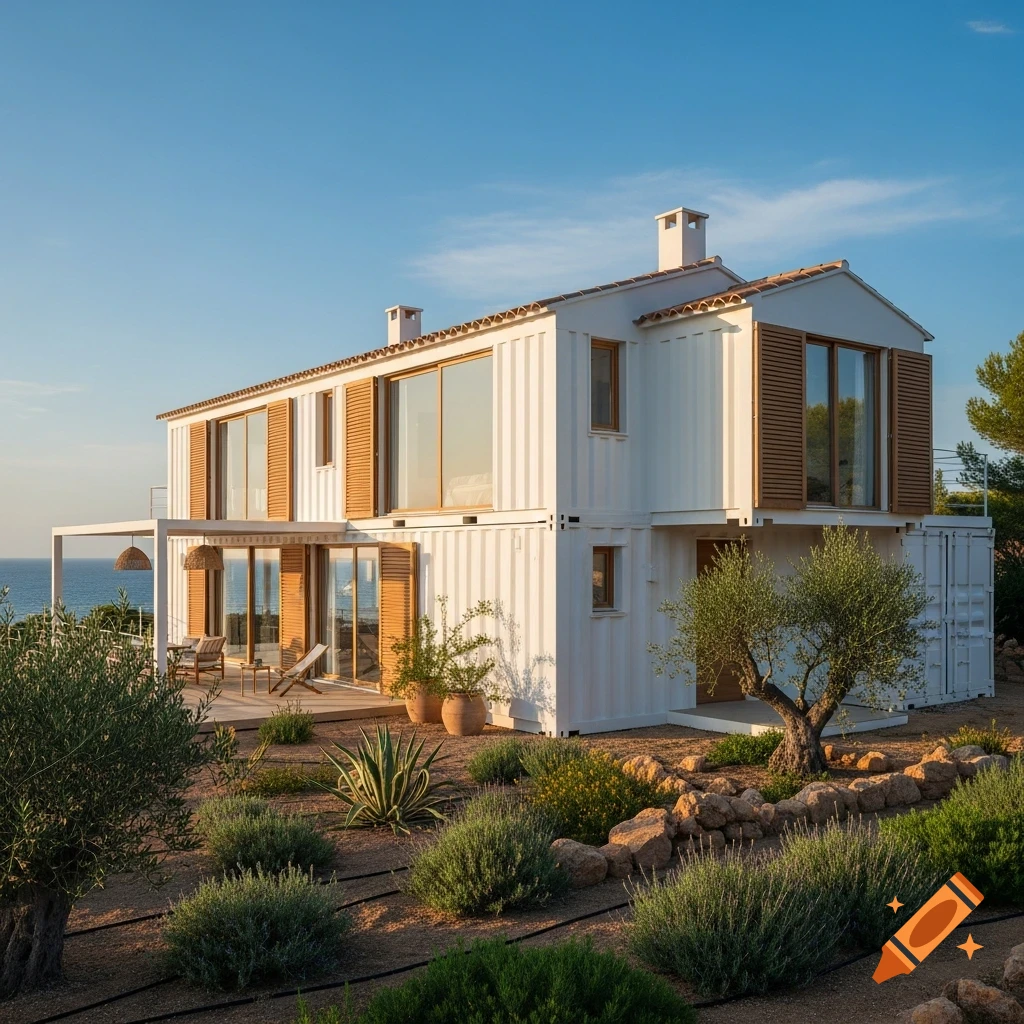 A photorealistic two-story white shipping container house with wooden shutters and a patio overlooking the sea, surrounded by a garden.