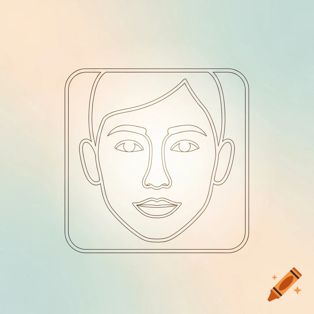 A minimalist line art illustration of a person's face within a rounded square, on a soft gradient background.