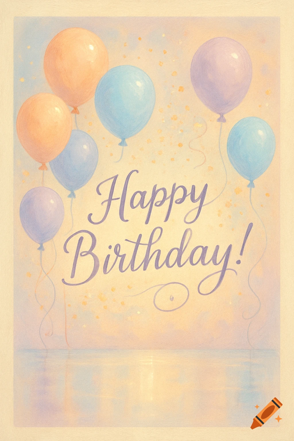 A pastel watercolor happy birthday card with colorful balloons and "Happy Birthday!" text.