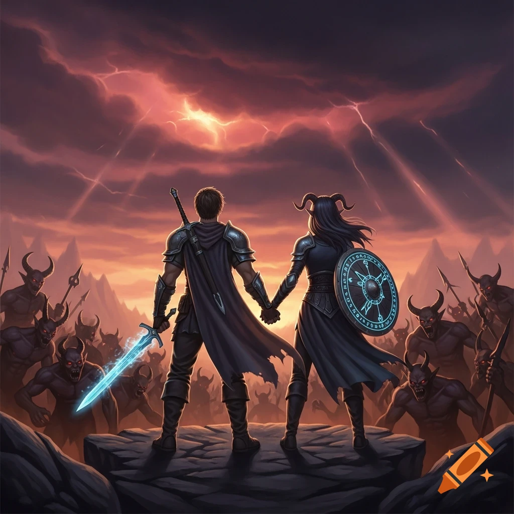A male warrior with a glowing sword and a horned female warrior with a shield hold hands, facing a horde of demons under a stormy red sky.