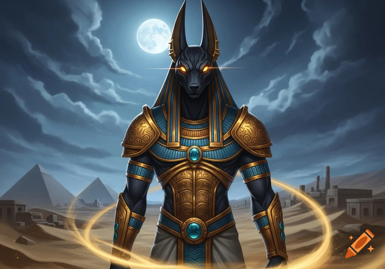 Stylized image of Anubis in gold and blue armor with glowing eyes, standing in a desert with pyramids under a full moon.