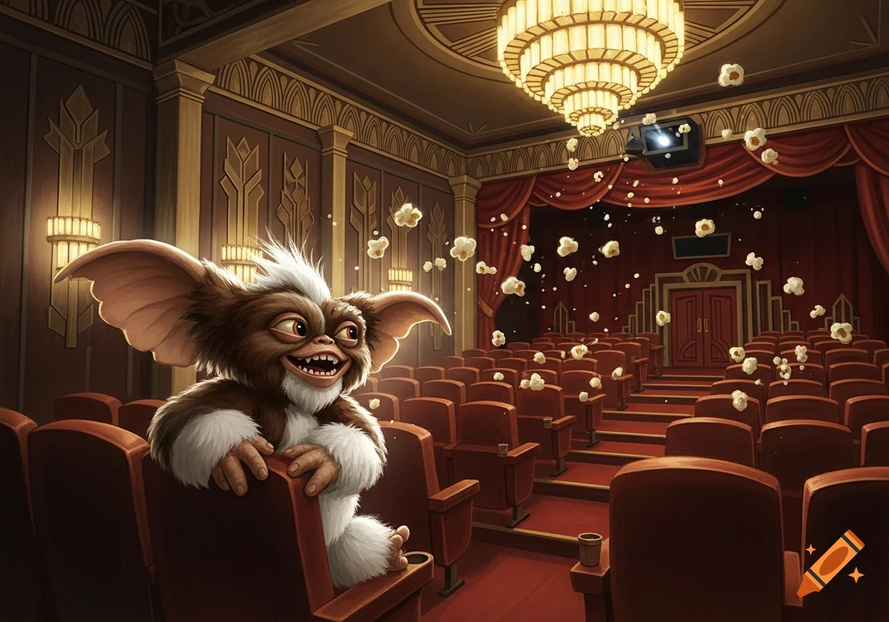 A mischievous gremlin with large ears and a wide smile sits in a movie theater seat, laughing while popcorn flies through the air.