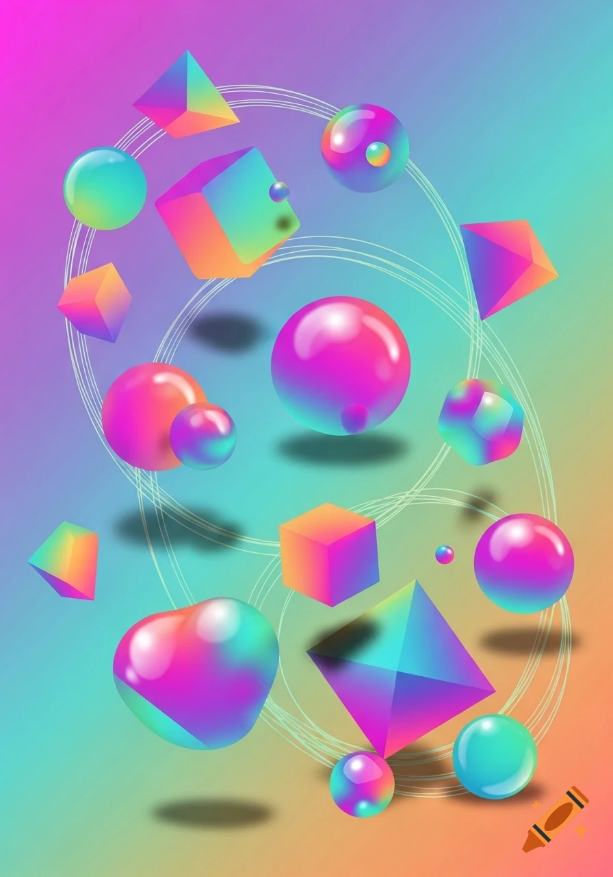 Colorful iridescent geometric shapes including spheres, cubes, and pyramids float against a vibrant gradient background.