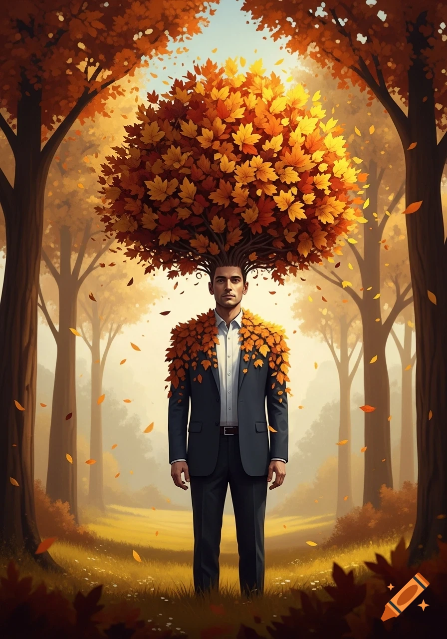 A man in a suit with a vibrant autumn leaf tree as hair and leaves on ...