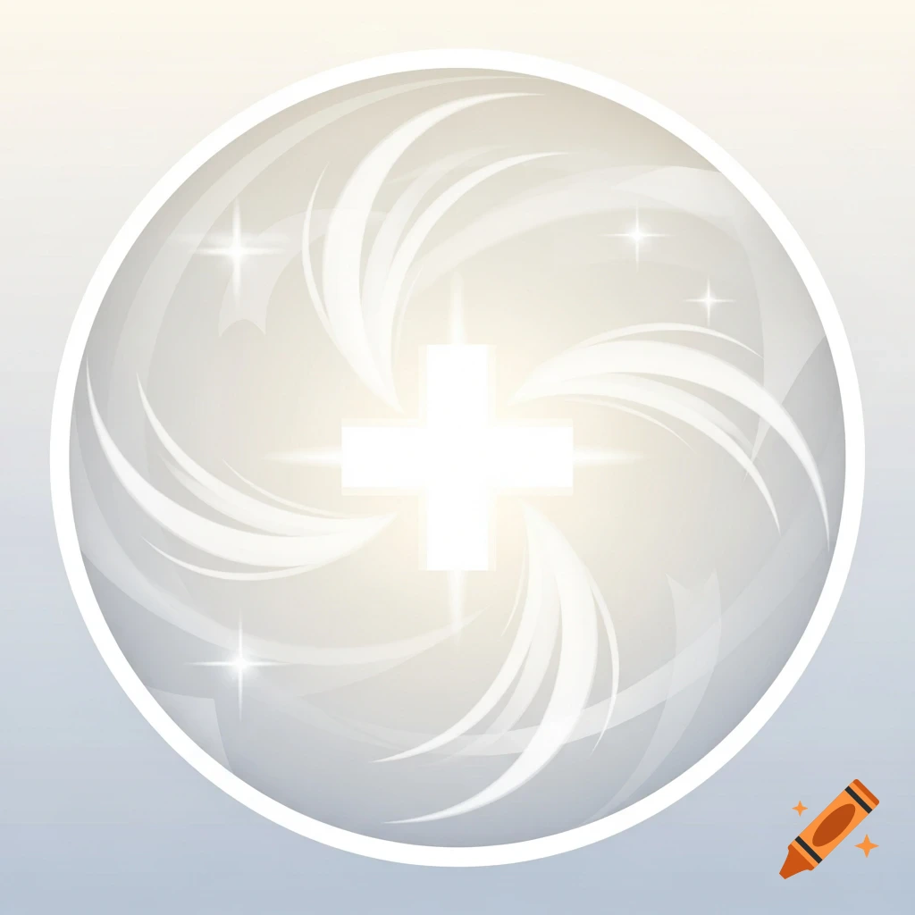 A glowing white cross with swirling light inside a circular frame, set against a light background, resembling a game icon.