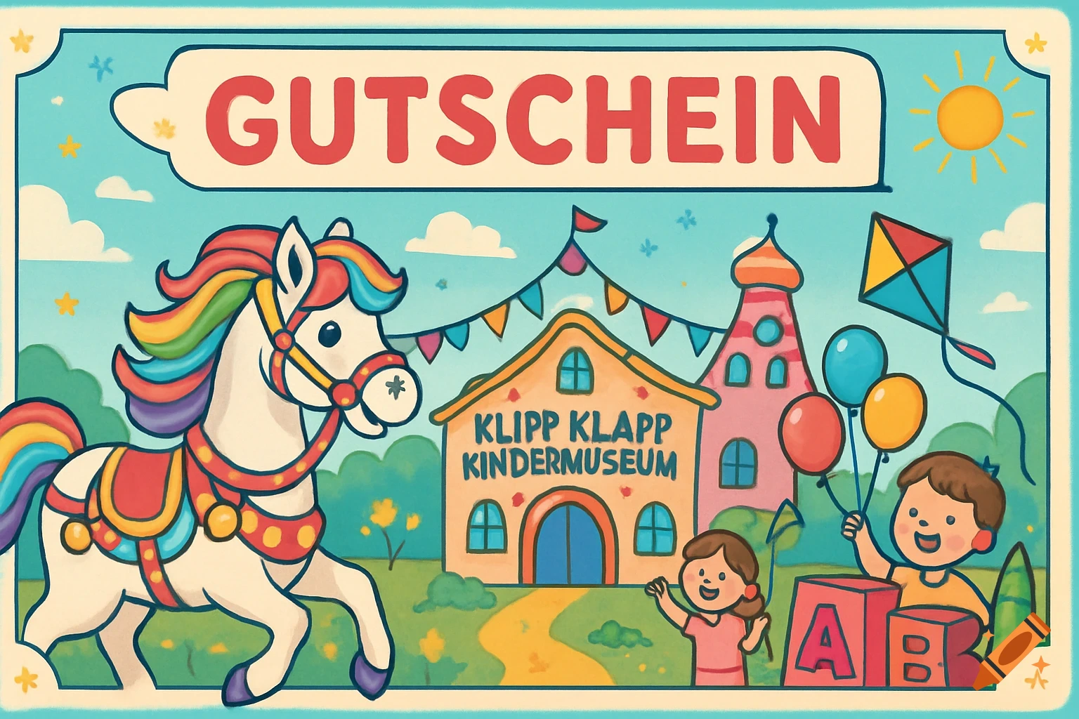 Colorful cartoon voucher for Klipp Klapp Kindermuseum with a carousel horse, happy children, balloons, and a whimsical building.