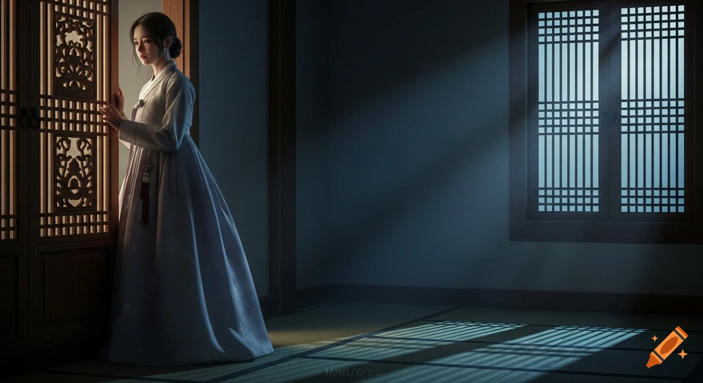 A young woman in a Hanbok, with a sorrowful expression, touches a wooden door in a dimly lit traditional Korean room, lit by moonlight through a window. Digital art.