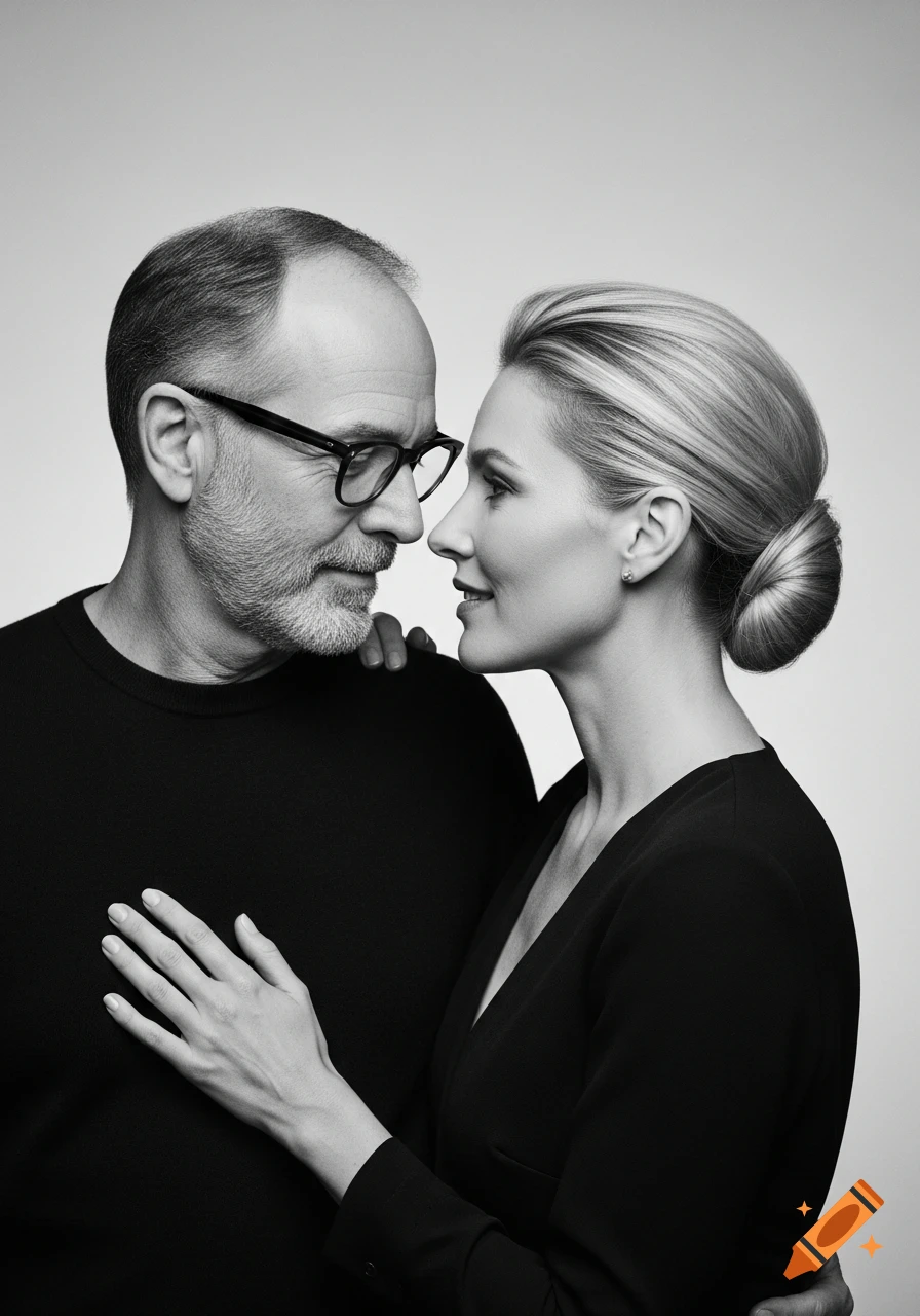 Black and white studio portrait of a middle-aged man and woman looking at each other, the woman's hand on the man's chest.