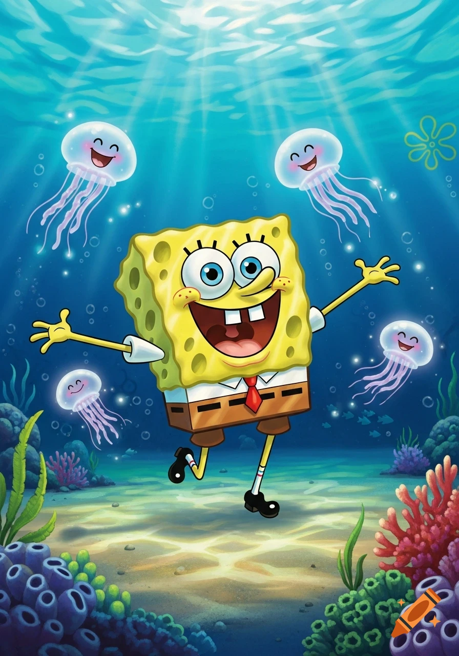 Joyful Spongebob Squarepants running underwater with outstretched arms, surrounded by happy jellyfish, colorful coral, and sea plants in a vibrant cartoon style.