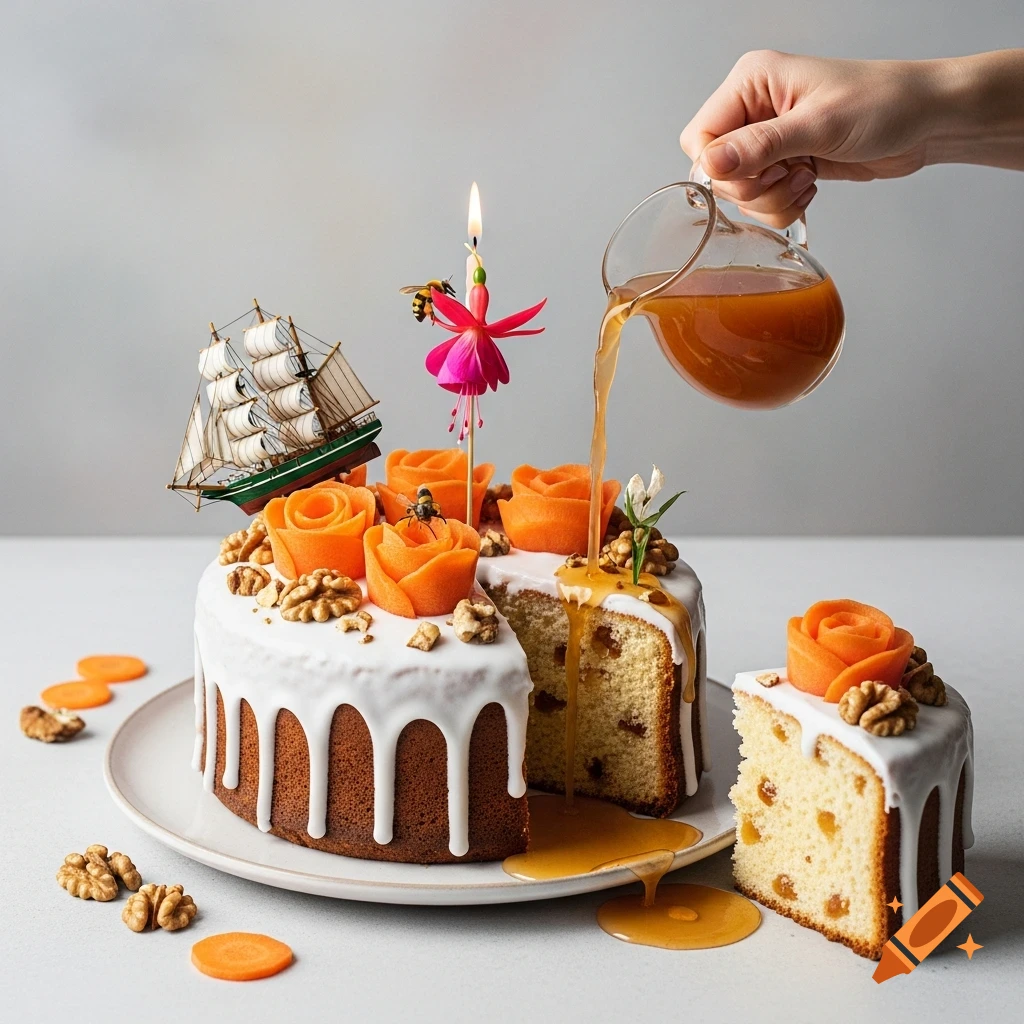 Surreal white-glazed cake with carrot roses, walnuts, a toy ship, and a fuchsia candle. A hand pours juice over the cake.