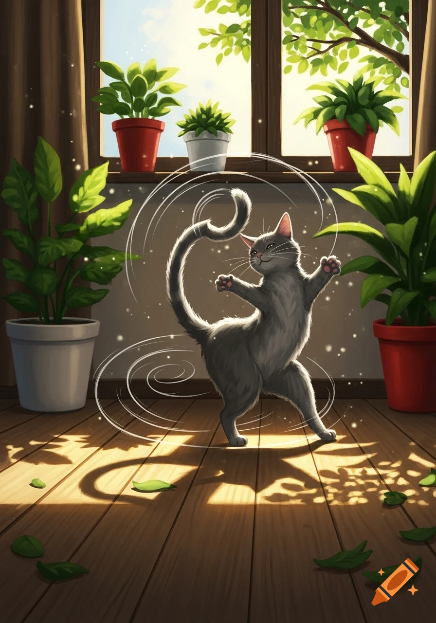 A gray cat with pink paws dances amidst swirling white lines in a sunlit room filled with potted green plants.