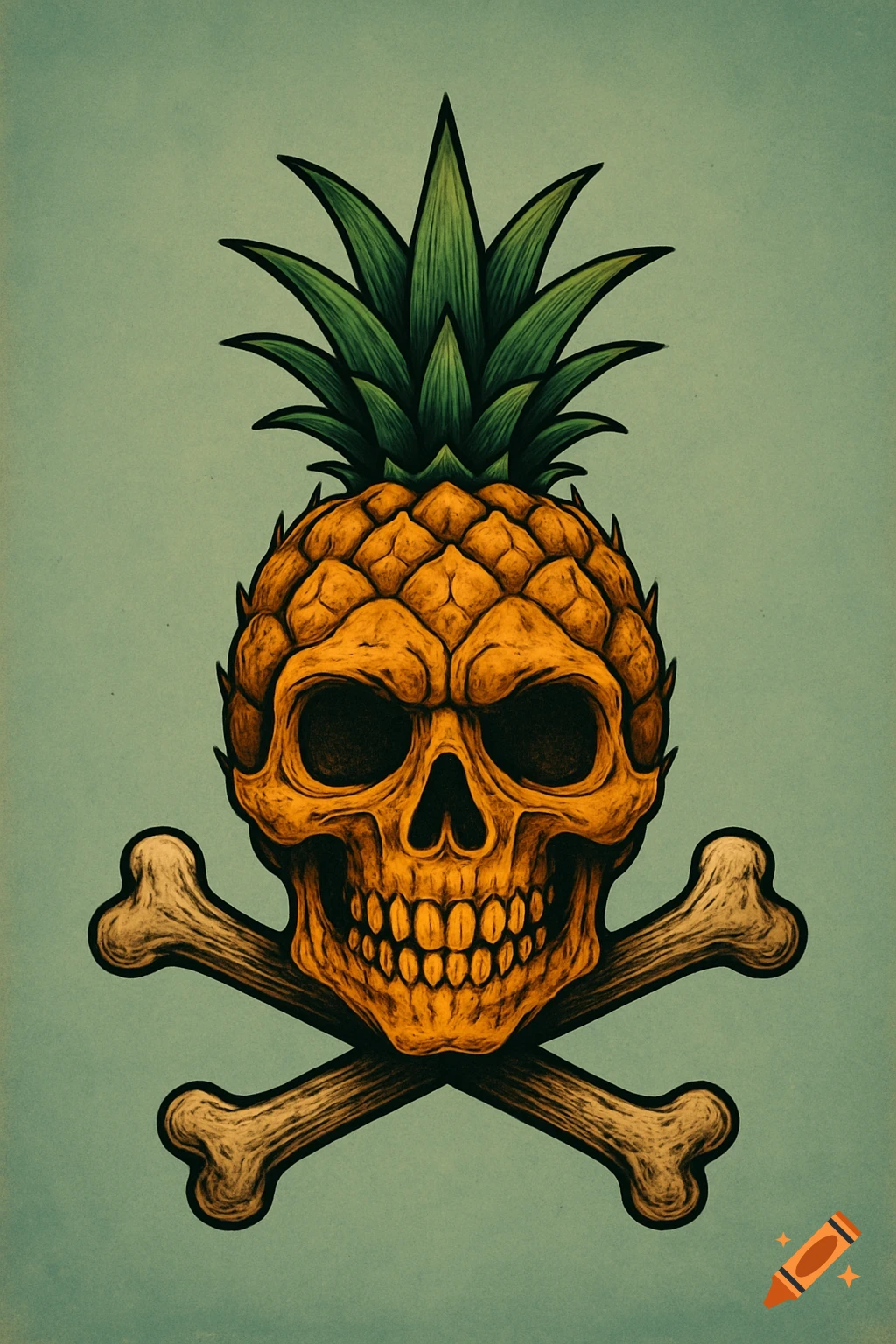 A stylized pineapple skull with crossbones on a faded teal background in a vintage illustration style.
