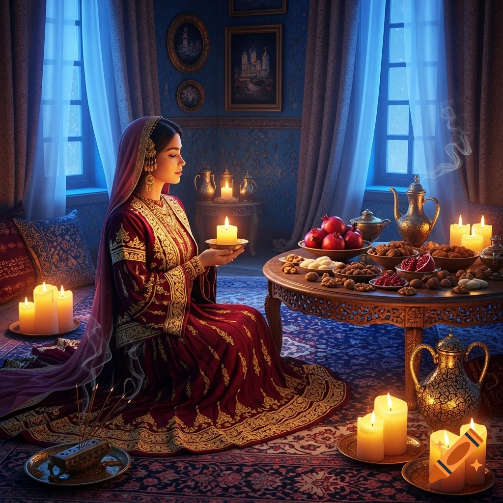 Woman in red and gold traditional dress holding a candle, sitting amidst candles, nuts, and pomegranates on a table for Yalda Night.