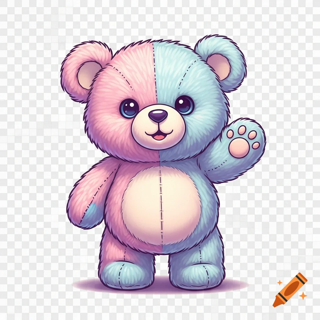 A cute pastel pink and blue cartoon teddy bear waves hello on a transparent background.