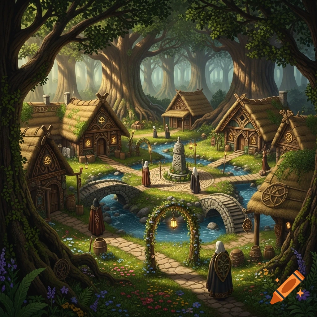 Detailed fantasy illustration of a Celtic woodland village with thatched-roof homes, stone bridges, and robed figures in a lush forest.