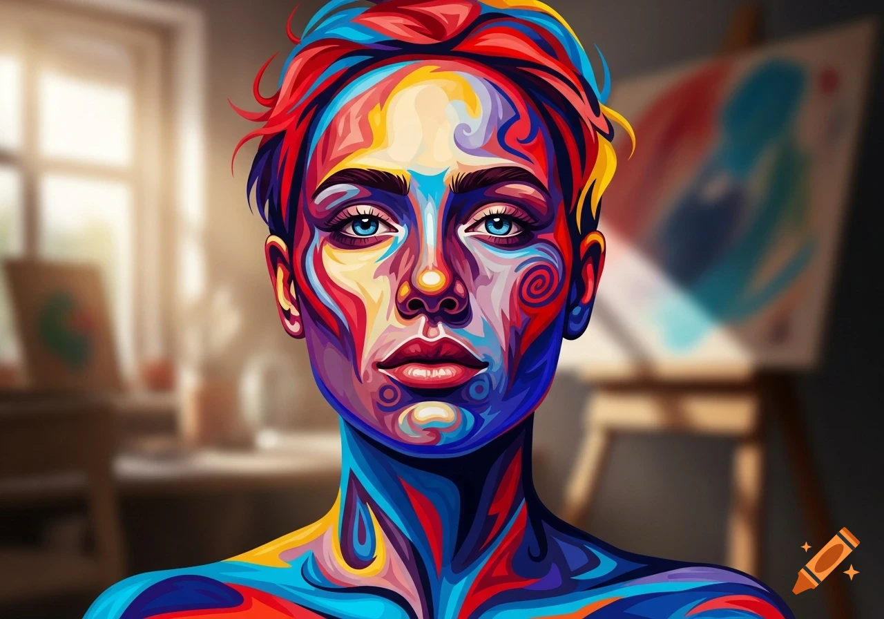 Highly stylized, vibrant abstract portrait of a person with colorful swirling patterns on their face and body, with striking blue eyes.