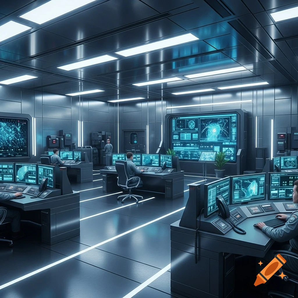 A futuristic, dimly lit control room with several technicians working at glowing computer monitors displaying complex data and diagrams.