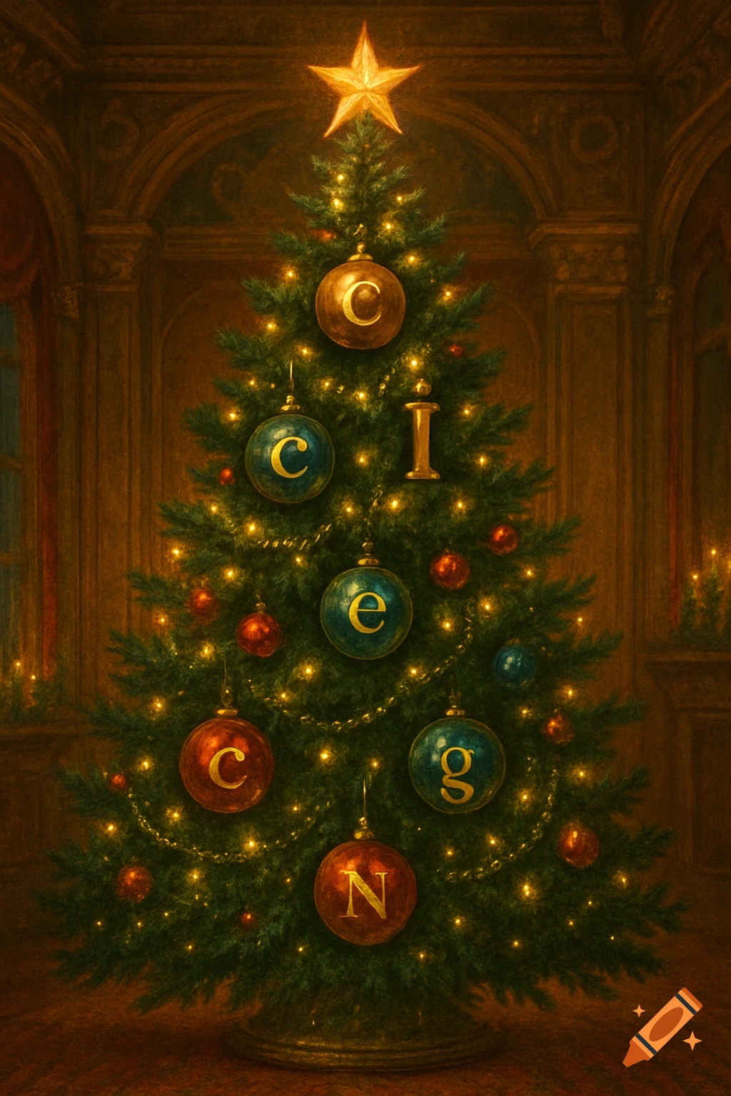 A decorated Christmas tree with a star on top, surrounded by warm light in a classic room. Ornaments display letters C, I, C, e, g, and N.