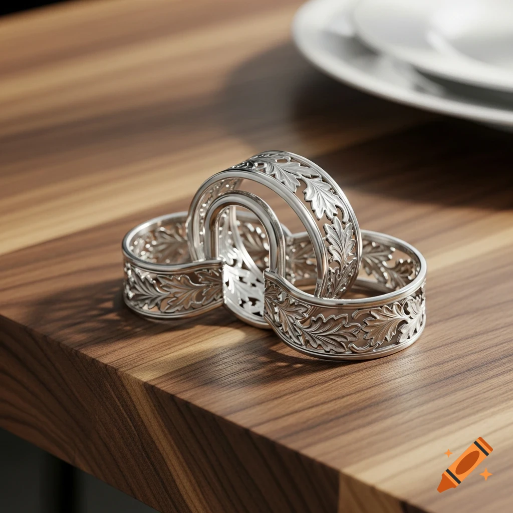 Three intricate silver napkin rings with leaf patterns resting on a polished wooden table.