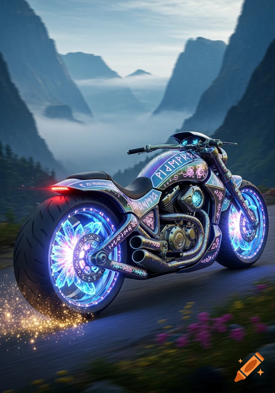 A vibrant, glowing magical motorcycle with blue crystal wheels travels along a winding mountain road.