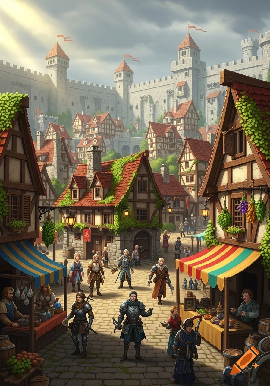 A bustling medieval walled town square with market stalls, half-timbered houses, people, and a large castle in the background.