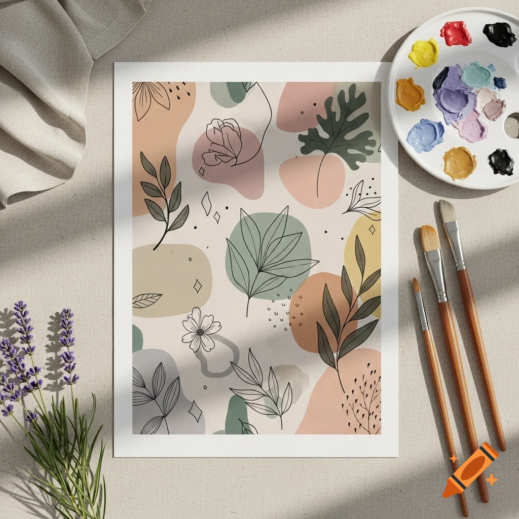 Flat lay of a botanical pattern print, paint palette with colorful paints, art brushes, and lavender sprigs on a textured surface.