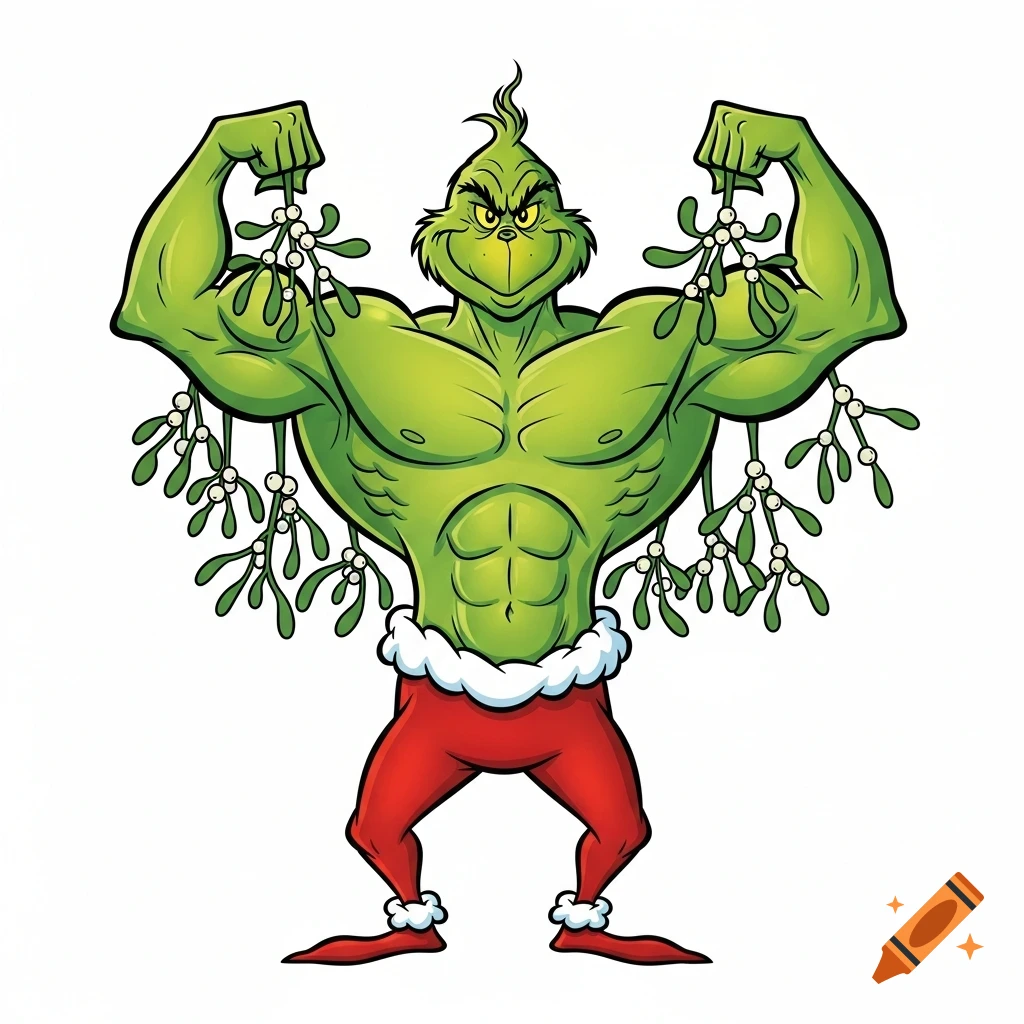 A cartoon-style illustration of a very muscular Grinch flexing his arms and chest while holding mistletoe and wearing Santa pants.