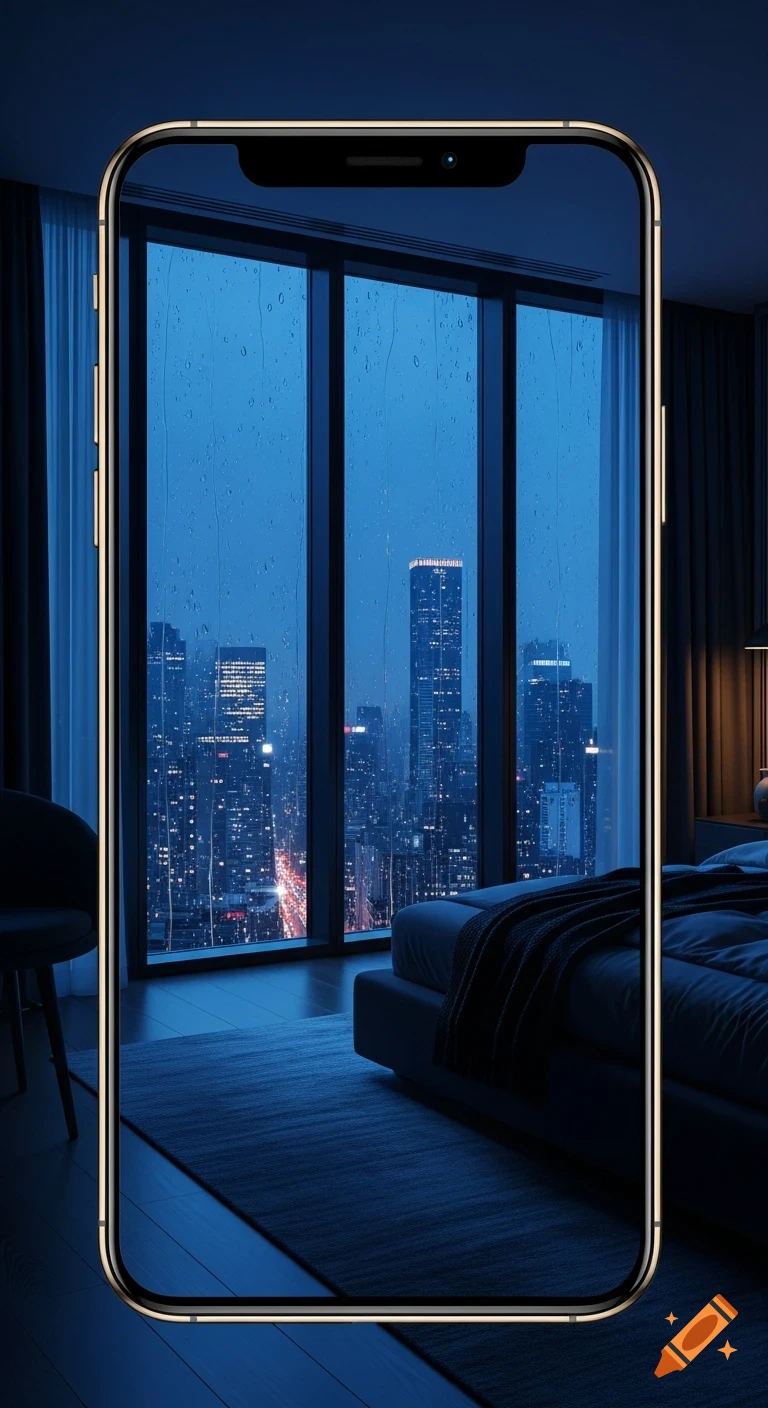 A smartphone displays a photorealistic view of a rainy night city skyline from a modern bedroom.