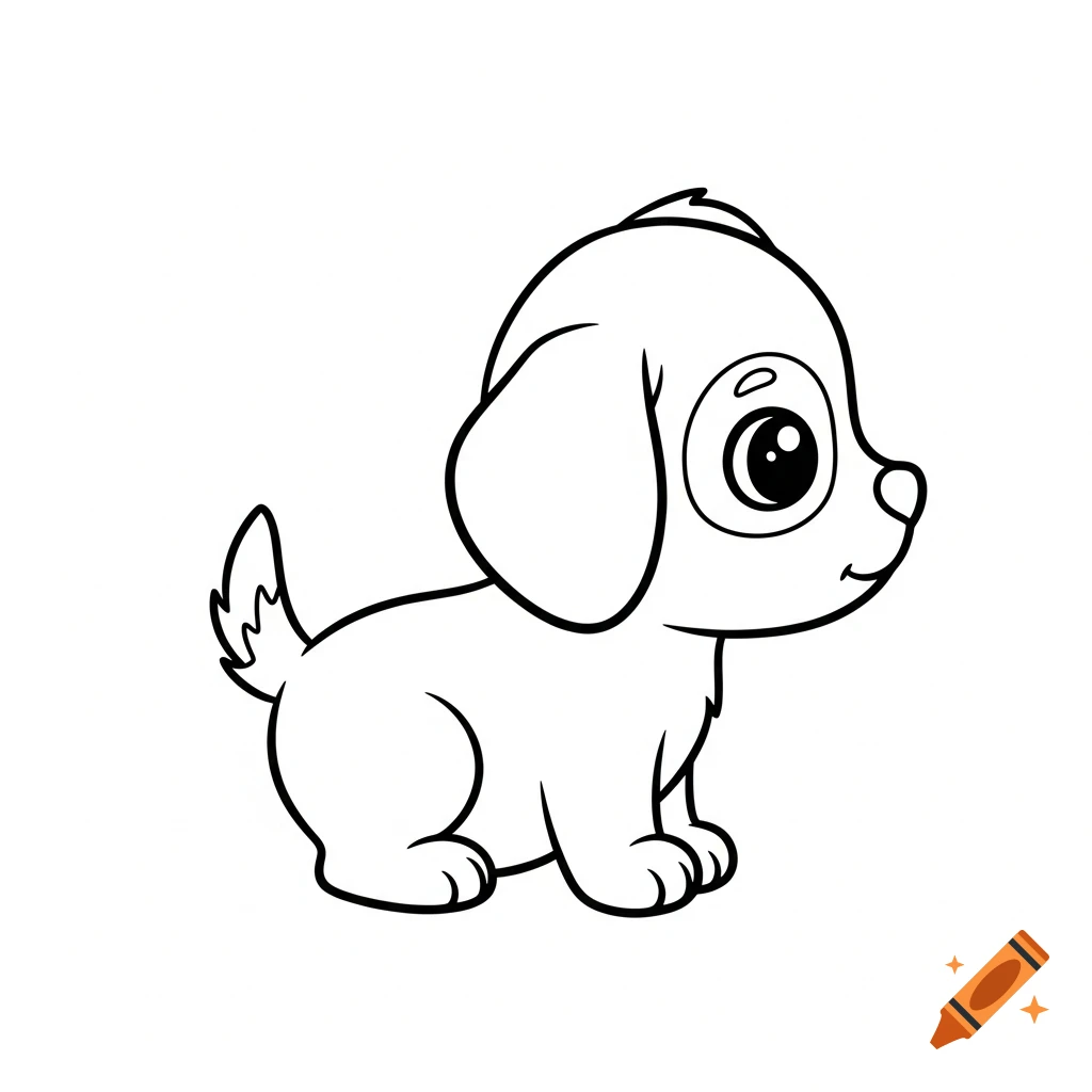 A cute, black and white, minimalist line art cartoon puppy in profile, looking right.