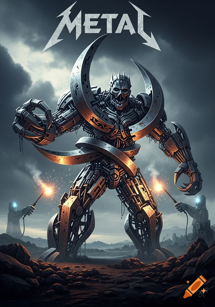 A giant, skeletal-faced metal robot with crescent blades stands in a desolate landscape as two figures weld near its feet, under a cloudy sky. The word 'METAL' is above.