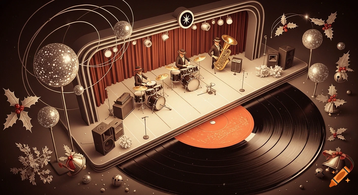 A retro-futuristic holiday stage with a band (drums, tuba) and festive holly/bells above a vinyl record, in sepia tones.