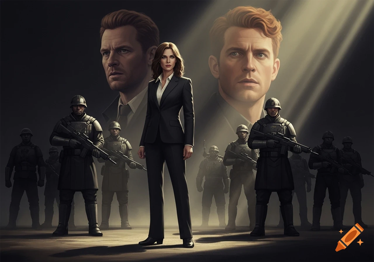 A confident woman in a suit stands with military guards, flanked by two men's faces in the background, one red-haired and serious.