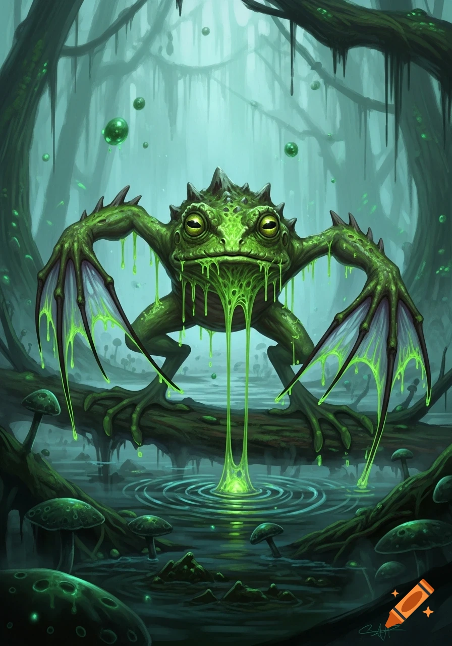 A grotesque green frog monster with webbed wings stands on a log in a misty swamp, oozing green slime into the water with glowing mushrooms.