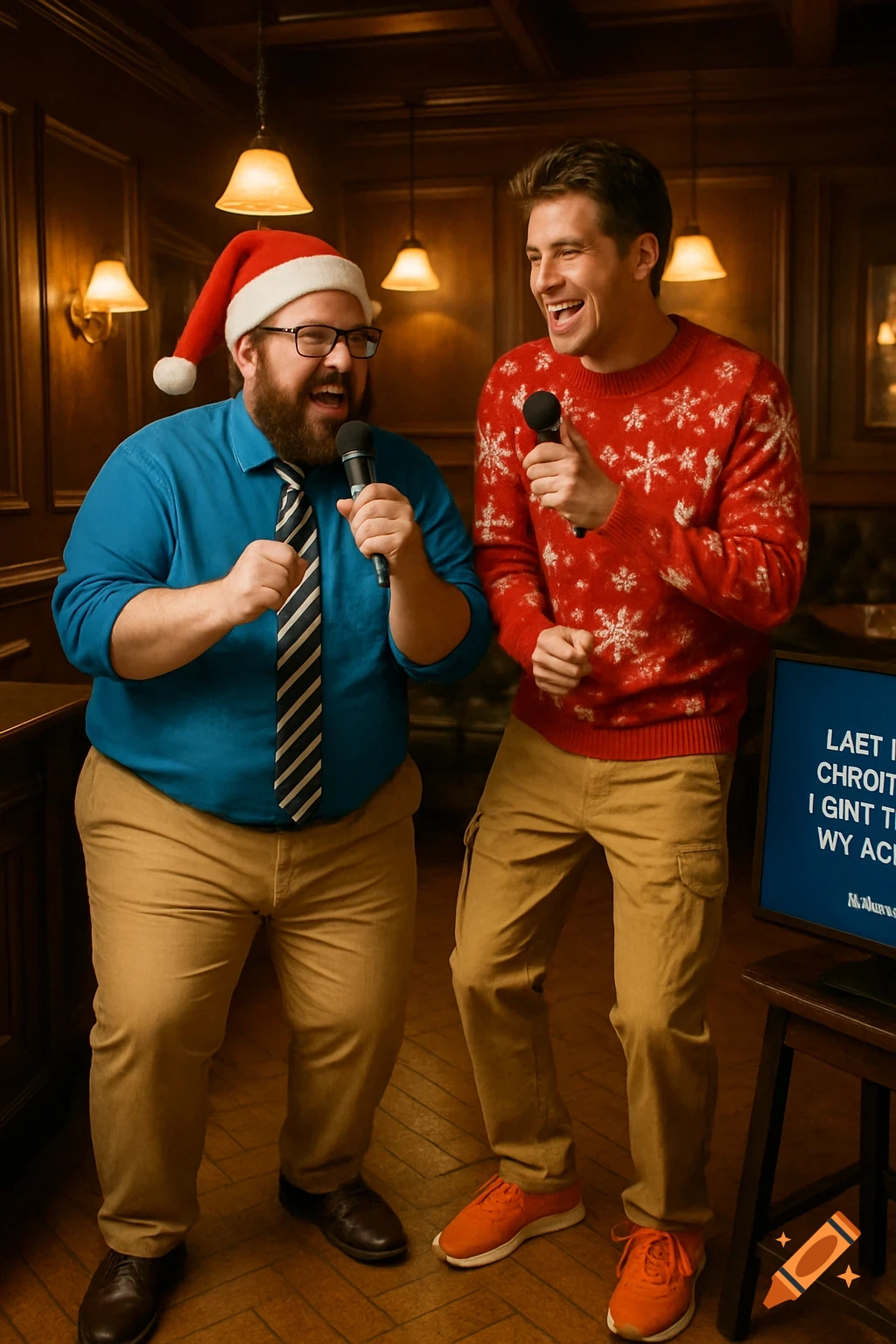 Two men enthusiastically sing karaoke in a wood-paneled pub. One wears a Santa hat and blue shirt, the other a red Christmas sweater.