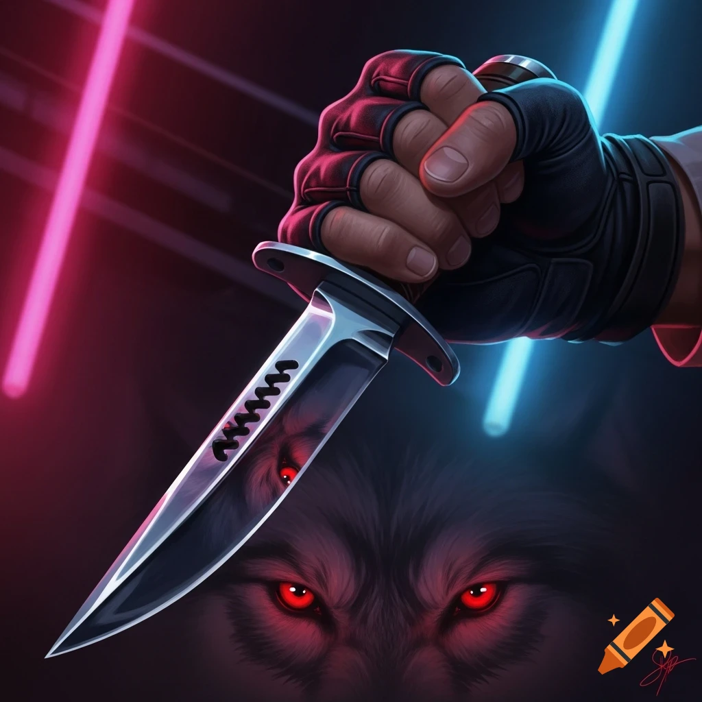 A gloved hand holding a shiny combat knife, reflecting glowing red wolf eyes, against a neon-lit background in 80s realistic art style.