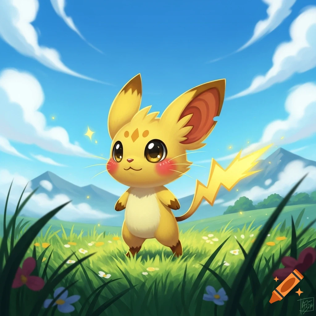 A cute yellow creature resembling Pikachu with large ears and a lightning bolt tail stands in a vibrant green field with flowers, under a blue sky.