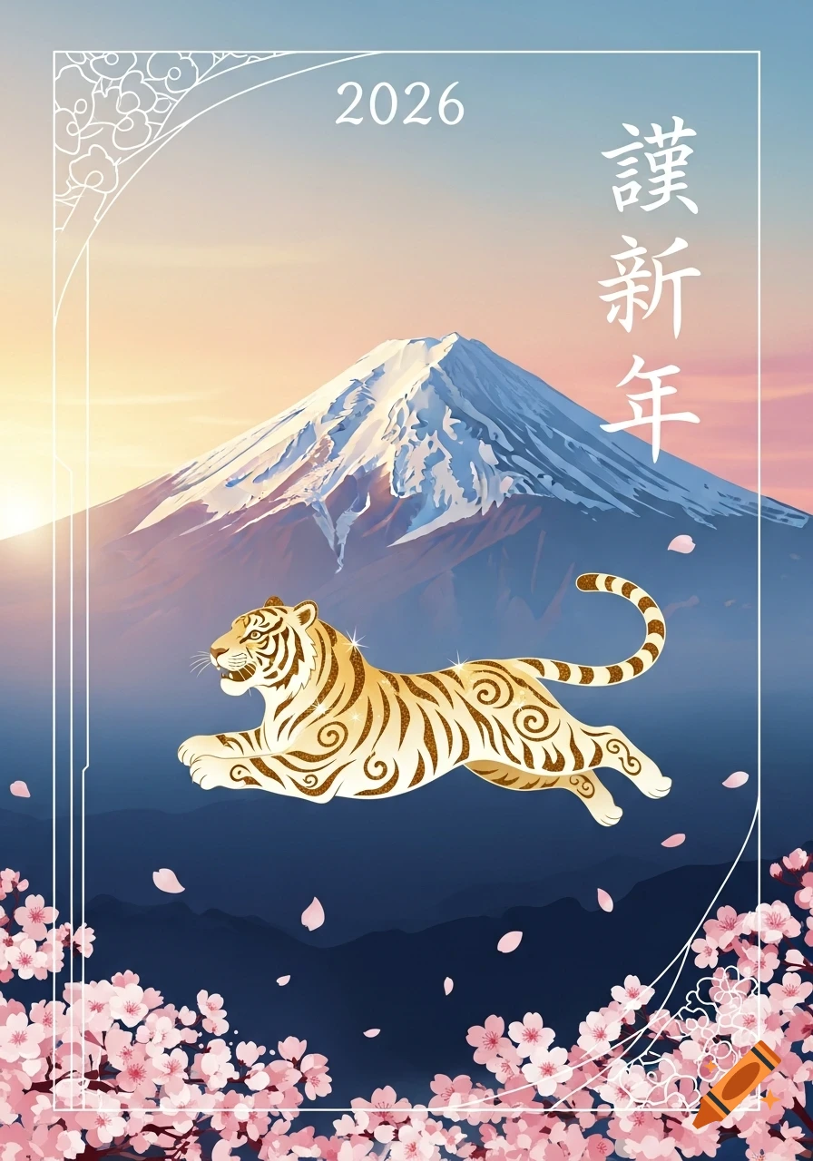 Stylized golden tiger leaping over Mount Fuji with cherry blossoms, text '2026' and '謹新年'.