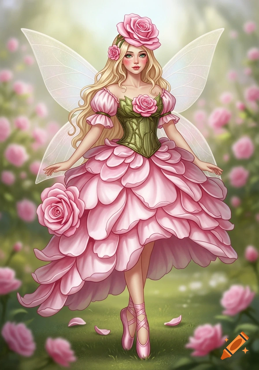 An ethereal rose petal fairy with blonde hair, green eyes, and pink ballet slippers stands in a rose garden.