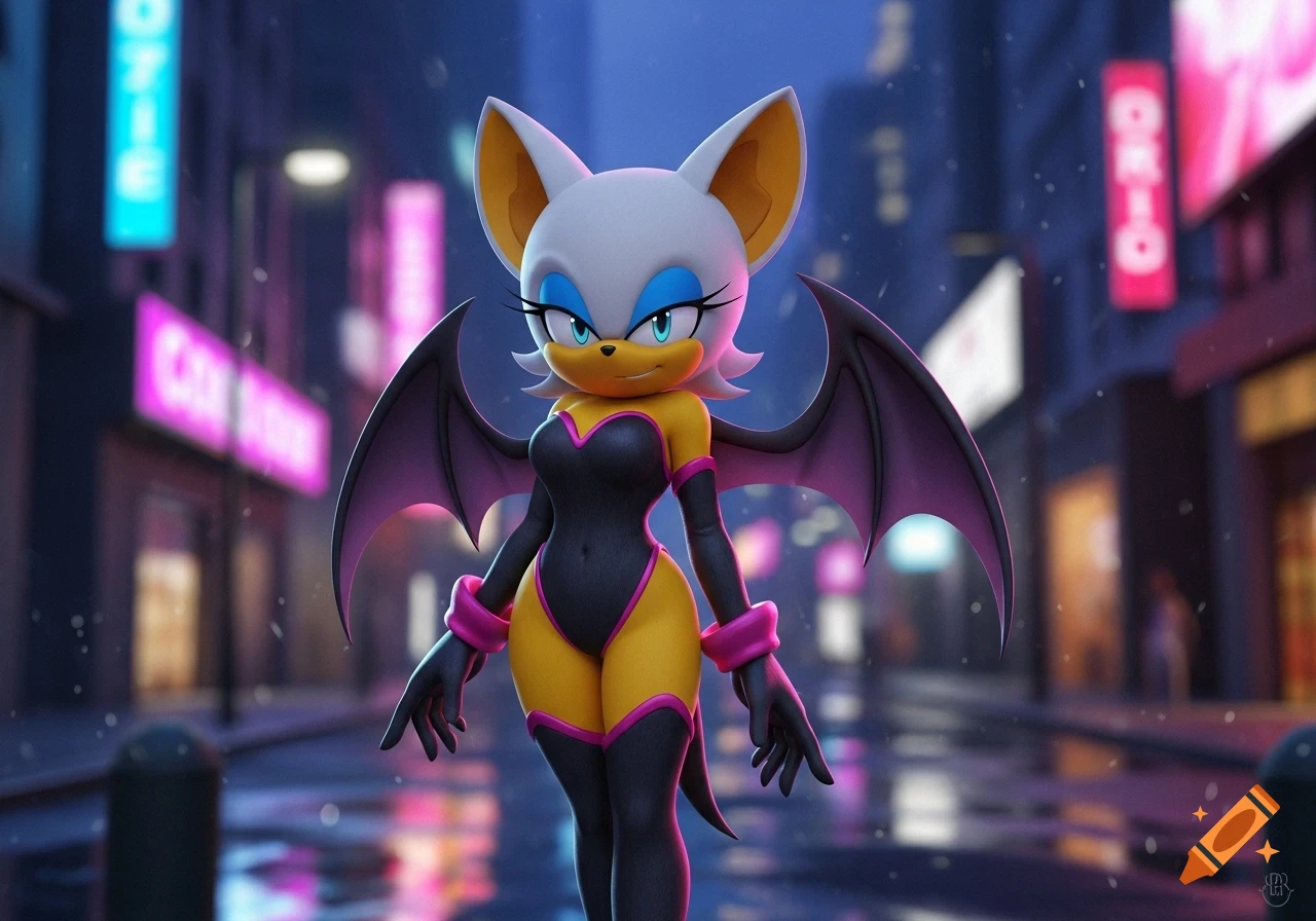 Rouge the Bat with black and yellow outfit and pink accents stands on a wet street at night with glowing neon signs.