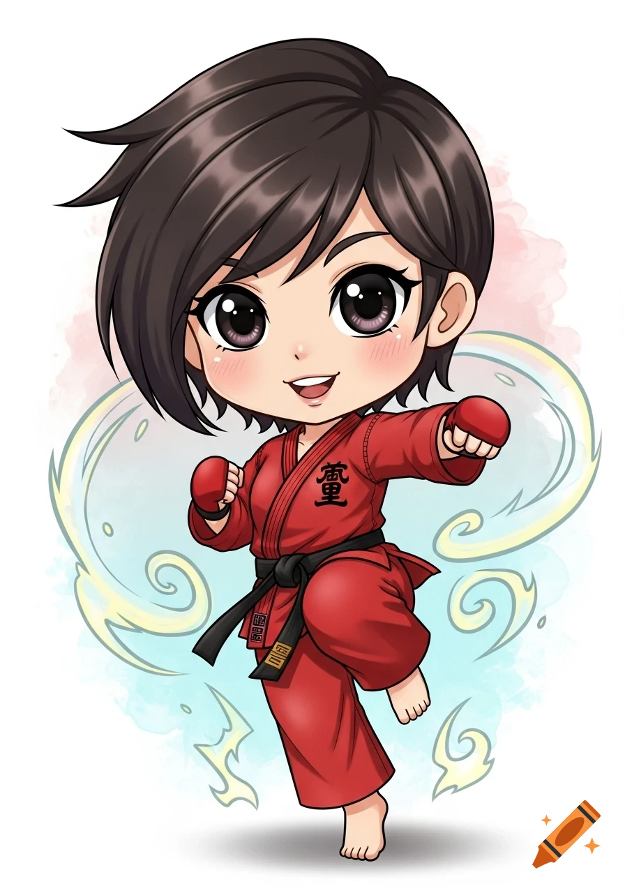 A cute chibi anime girl with short brown hair, wearing a red karate gi and black belt, striking a pose with yellow and blue aura.