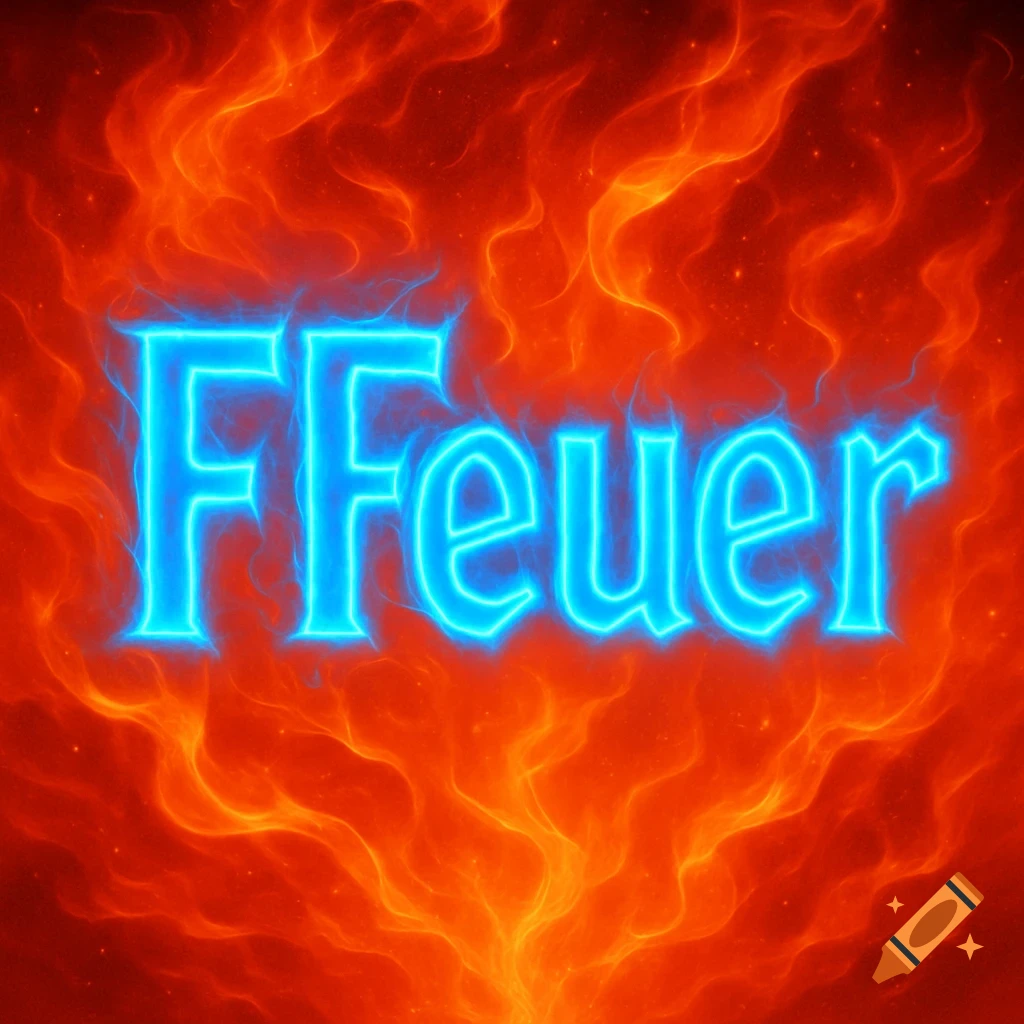 Glowing blue 'FFeuer' text against a vibrant orange and red fiery background.