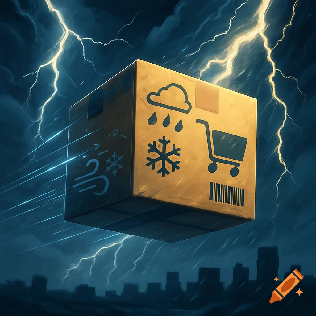A package floats through a stormy sky with lightning and rain, featuring weather and shopping cart symbols.