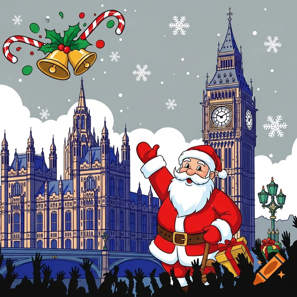 Cartoon Santa Claus waving in front of the snowy British Parliament and Big Ben with Christmas bells.