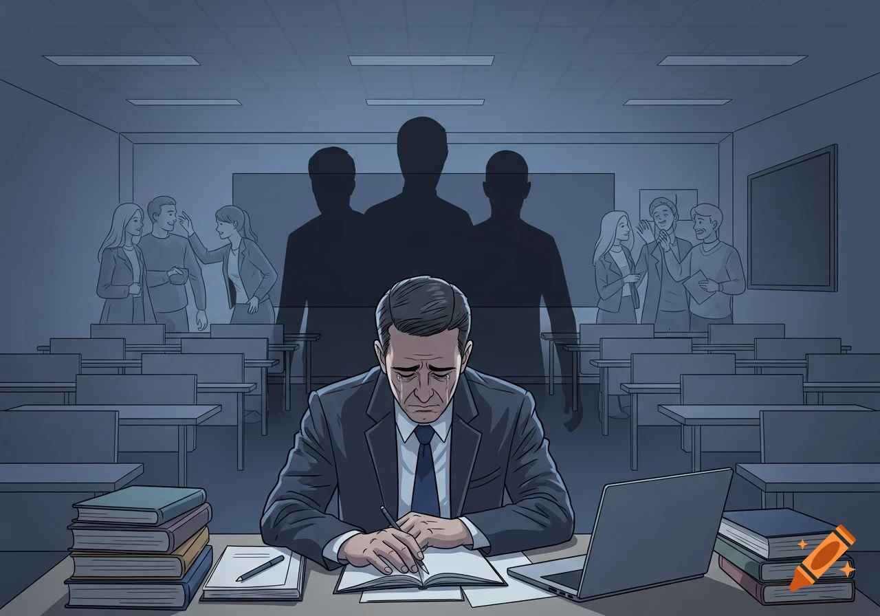 A sad male professor cries at his desk in a dark, empty classroom, with blurred younger colleagues and shadows behind him, digital art.