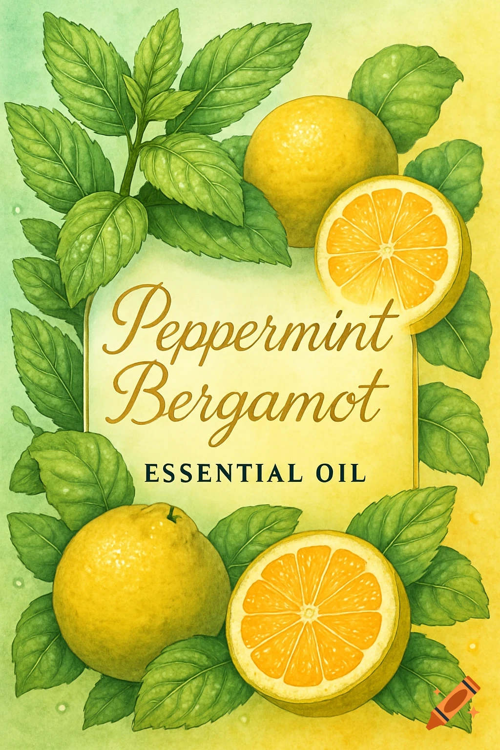 Watercolor illustration of peppermint leaves and bergamot fruits on a label for 'Peppermint Bergamot ESSENTIAL OIL'.