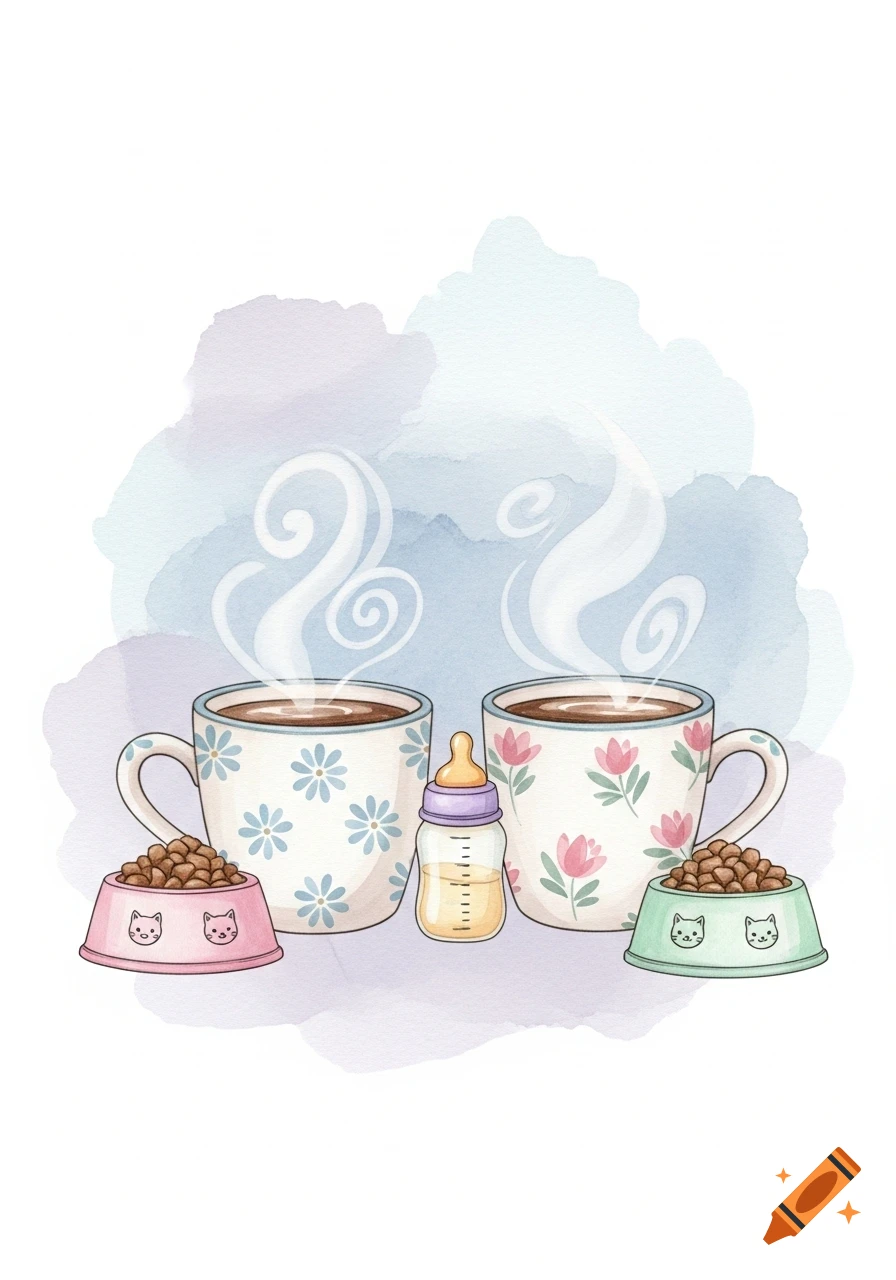 Cute watercolor illustration featuring two steaming coffee mugs, a baby bottle, and two cat food bowls.