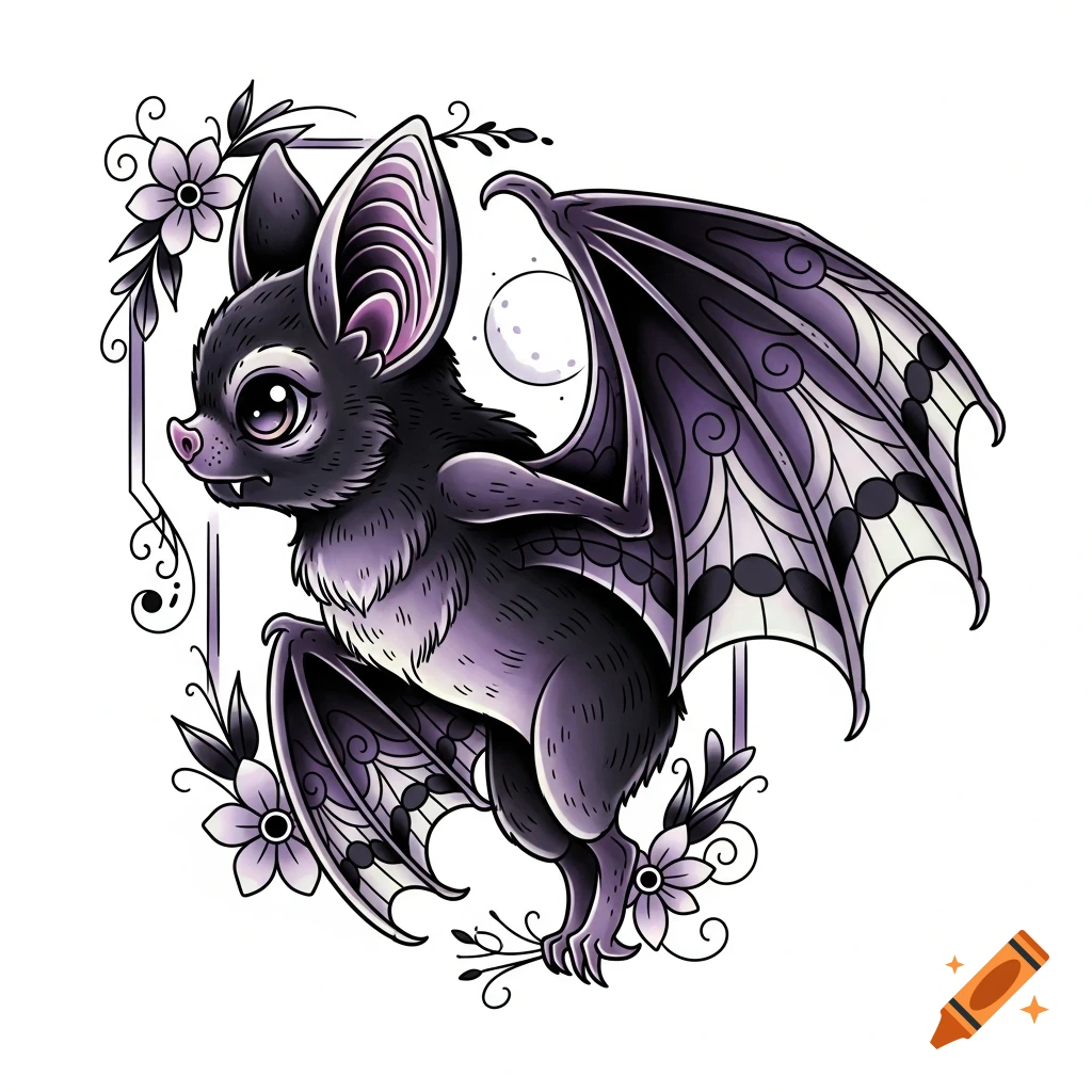 Neo-traditional tattoo design of a cute bat with large eyes and purple wings, surrounded by flowers and a crescent moon.